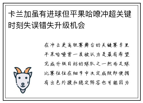 卡兰加虽有进球但平果哈嘹冲超关键时刻失误错失升级机会 卡兰加虽有进球但平果哈嘹冲超关键时刻失误错失升级机会