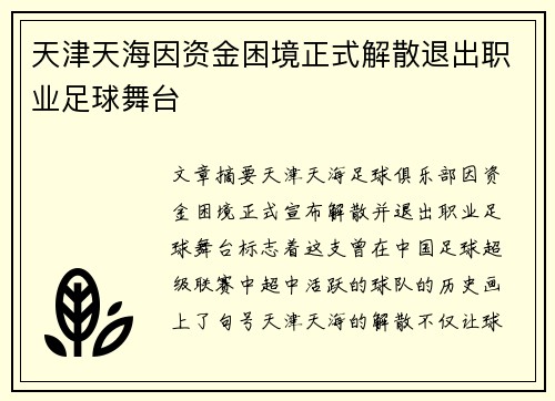 天津天海因资金困境正式解散退出职业足球舞台 天津天海因资金困境正式解散退出职业足球舞台